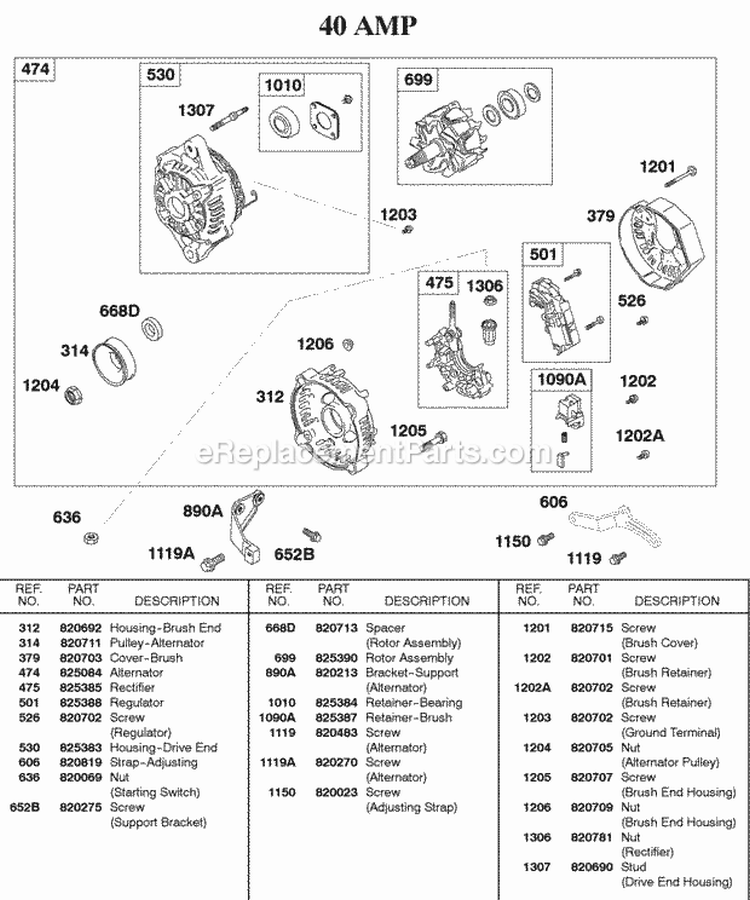 40 Amp Alternator Diagram and Parts List for 589447-0310-99  Briggs and Stratton Engine